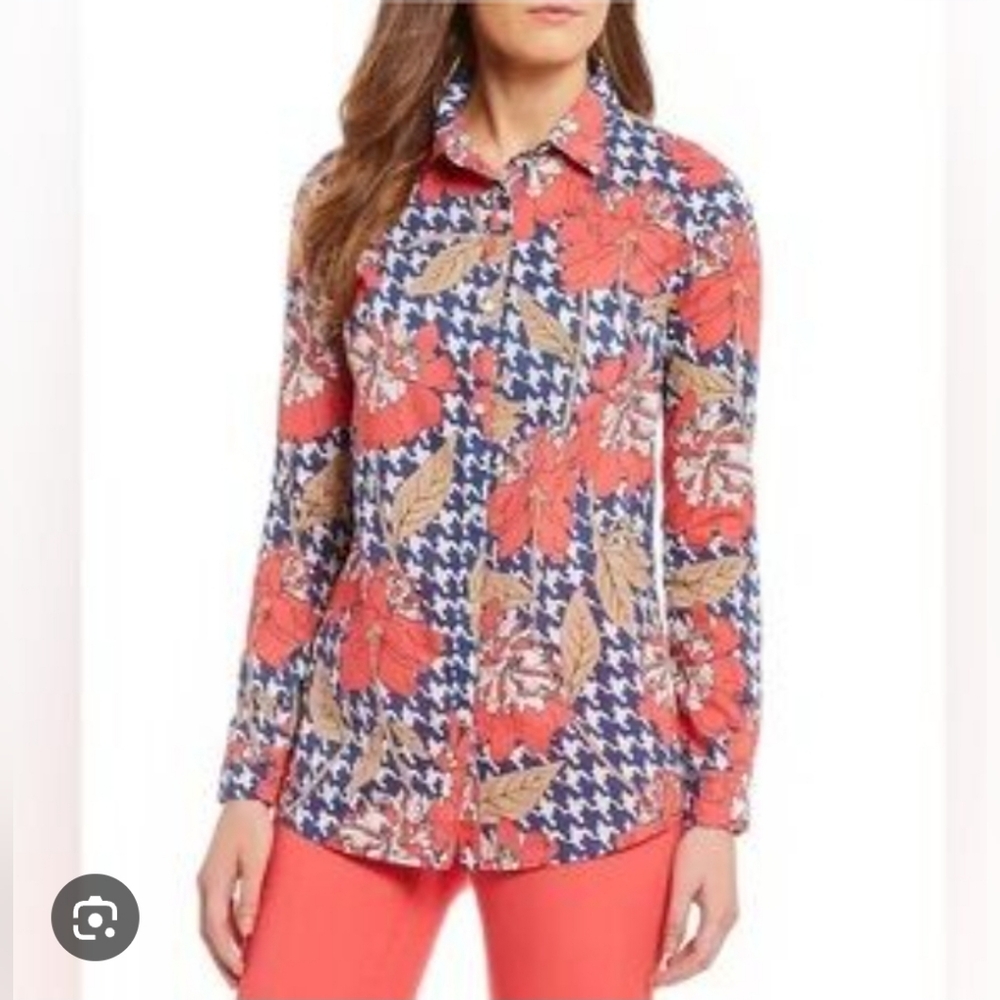 ❤️ J. MCLAUGHLIN COTTON FLORAL HOUNDSTOOTH BUTTON DOWN SHIRT / TOP, LARGE
